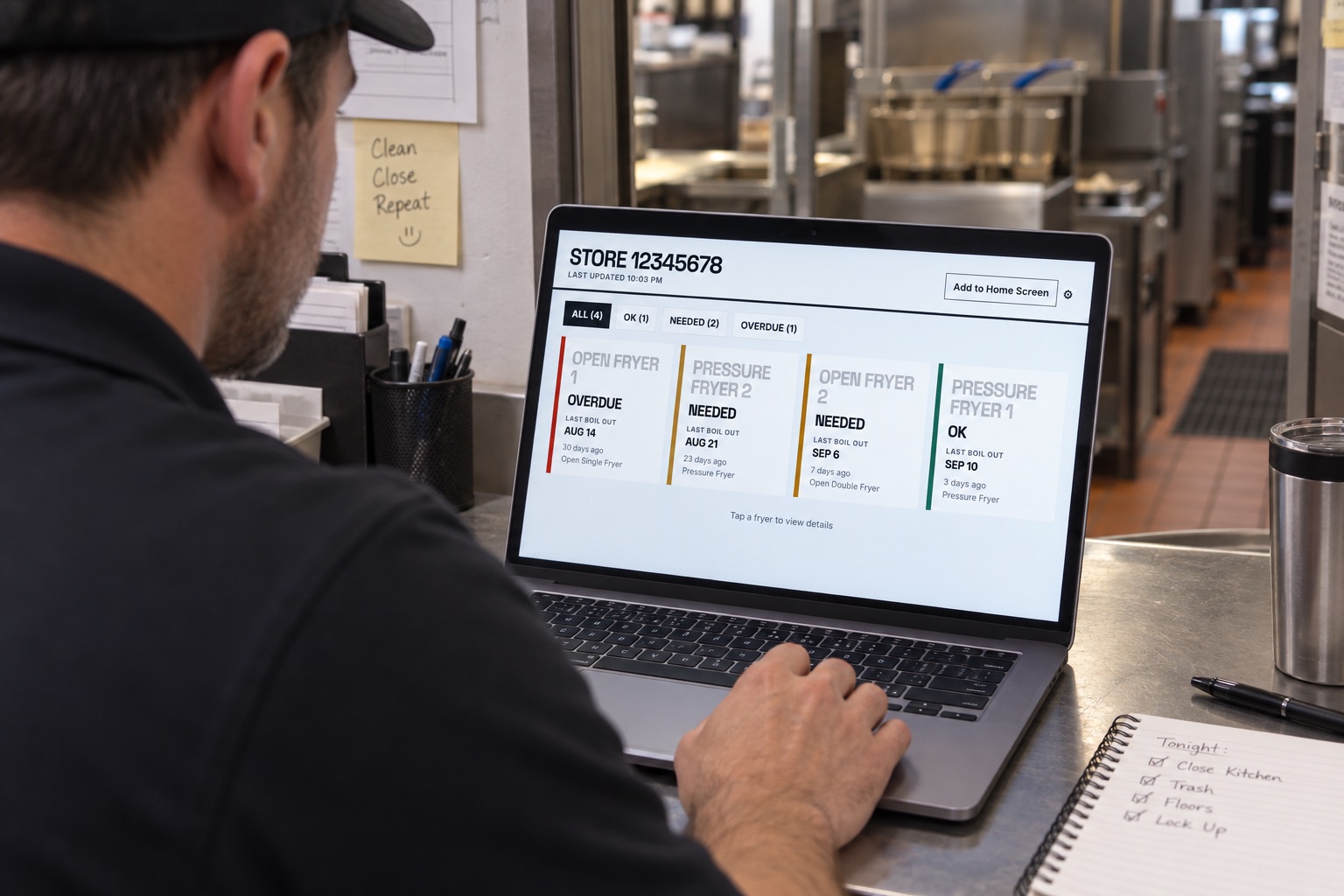 Illustrative scene of a restaurant leader checking Needed and Overdue fryer statuses on a laptop.