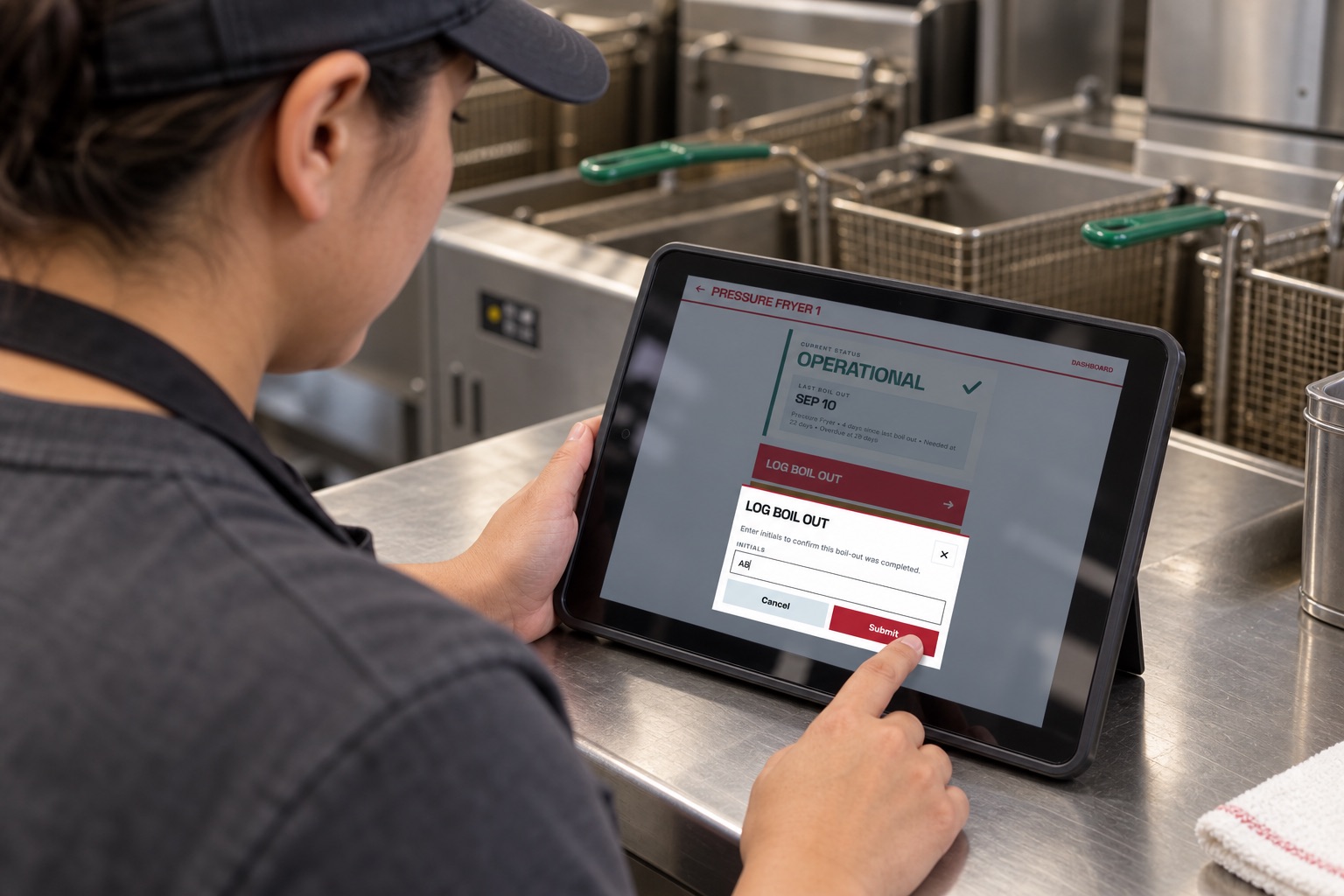 Illustrative scene of a team member entering initials and submitting a completed boil-out on a tablet.